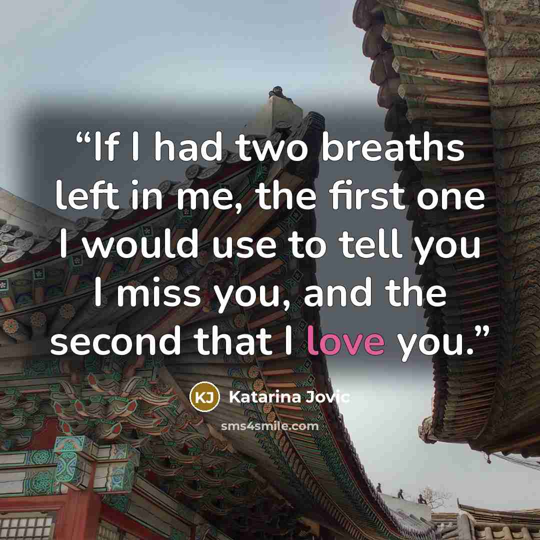 “If I had two breaths left in me, the first one I would use to tell you I miss you, and the second that I love you.” quote by Katarina Jovic