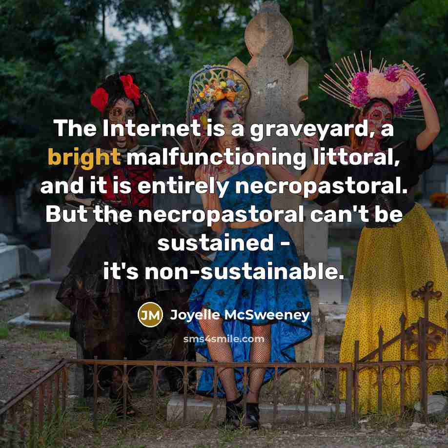 “The Internet is a graveyard, a bright malfunctioning littoral, and it is entirely necropastoral. But the necropastoral can't be sustained - it's non-sustainable.” quote by Joyelle McSweeney