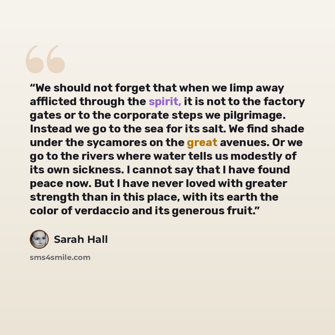 “We should not forget that when we limp away afflicted through the spirit, it is not to the factory gates or to the corporate steps we pilgrimage. Instead we go to the sea for its salt. We find shade under the sycamores on the great avenues. Or we go to the rivers where water tells us modestly of…” quote by Sarah Hall