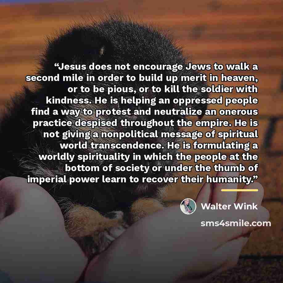 “Jesus does not encourage Jews to walk a second mile in order to build up merit in heaven, or to be pious, or to kill the soldier with kindness. He is helping an oppressed people find a way to protest and neutralize an onerous practice despised throughout the empire. He is not giving a nonpolitical…” quote by Walter Wink