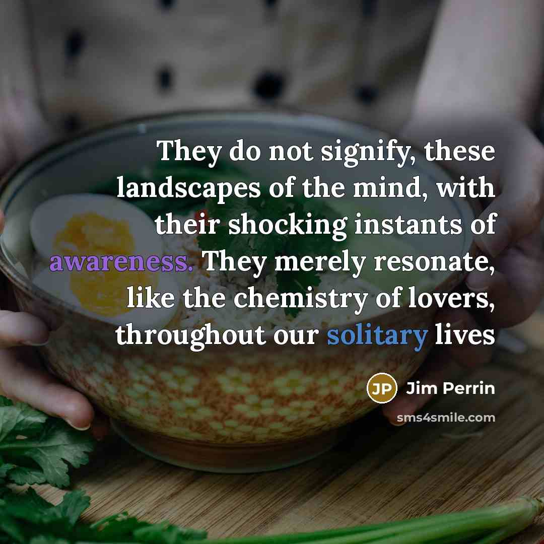 “They do not signify, these landscapes of the mind, with their shocking instants of awareness. They merely resonate, like the chemistry of lovers, throughout our solitary lives” quote by Jim Perrin