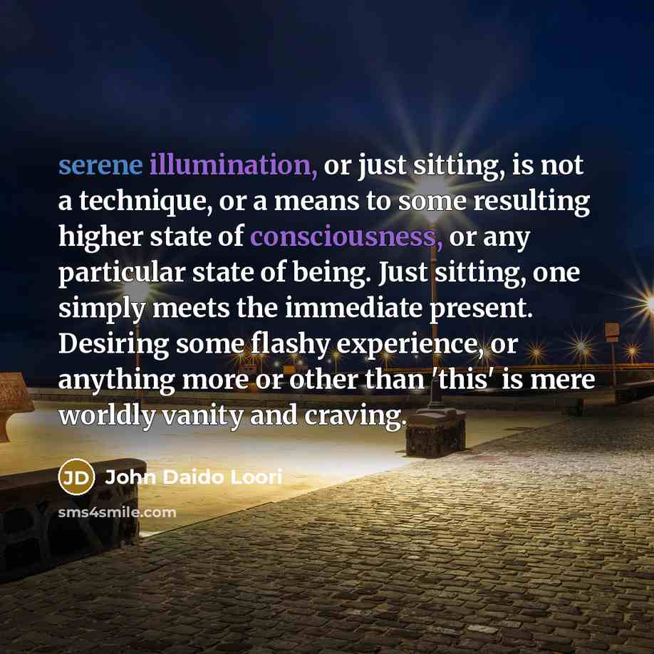 “serene illumination, or just sitting, is not a technique, or a means to some resulting higher state of consciousness, or any particular state of being. Just sitting, one simply meets the immediate present. Desiring some flashy experience, or anything more or other than 'this' is mere worldly…” quote by John Daido Loori