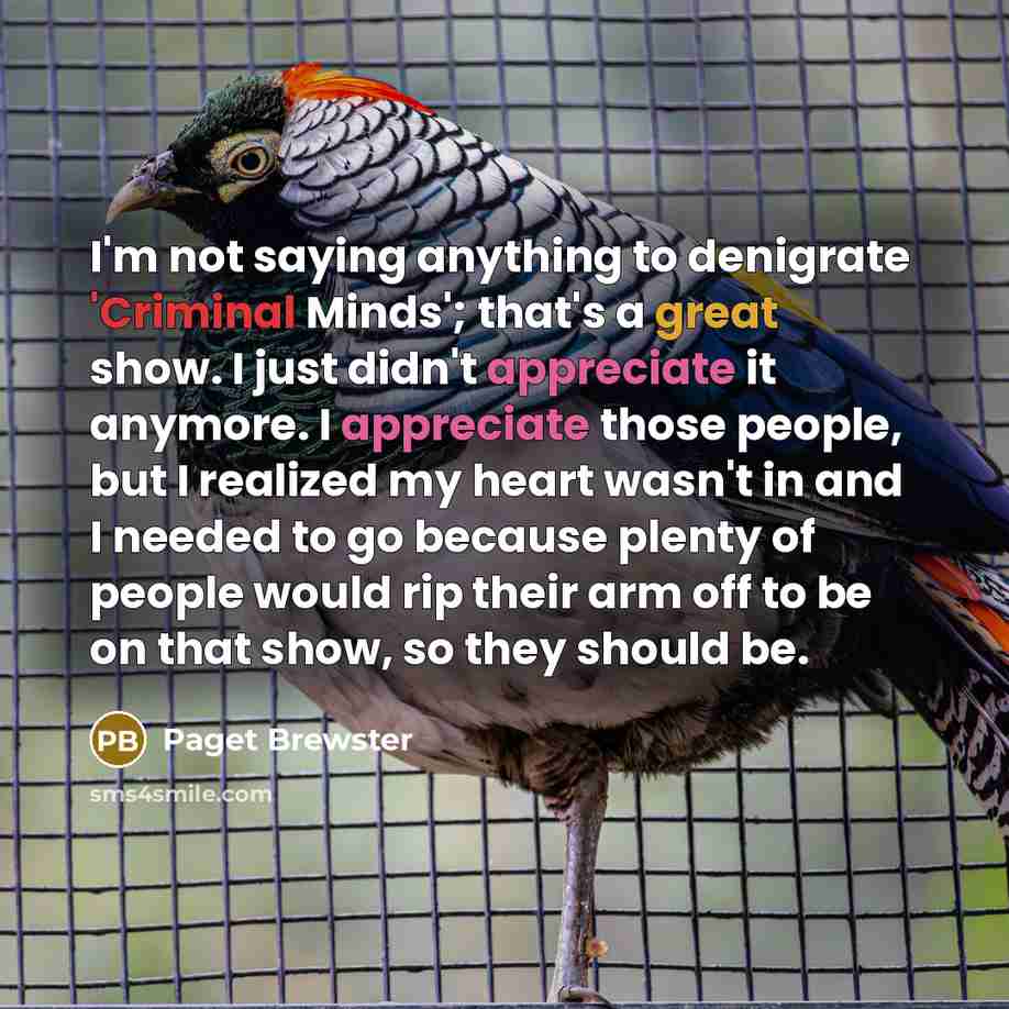 “I'm not saying anything to denigrate 'Criminal Minds'; that's a great show. I just didn't appreciate it anymore. I appreciate those people, but I realized my heart wasn't in and I needed to go because plenty of people would rip their arm off to be on that show, so they should be.” quote by Paget Brewster