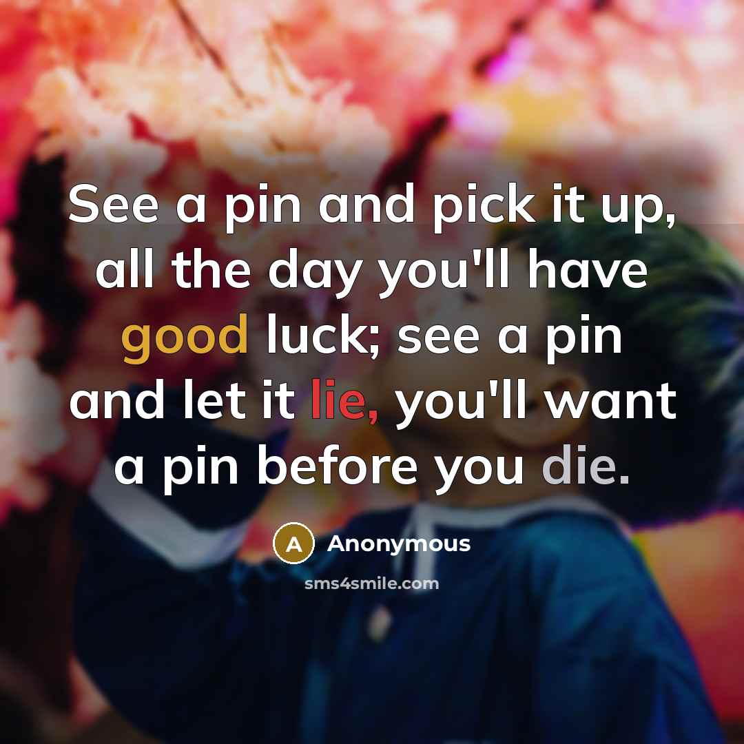 “See a pin and pick it up, all the day you'll have good luck; see a pin and let it lie, you'll want a pin before you die.” quote by Anonymous