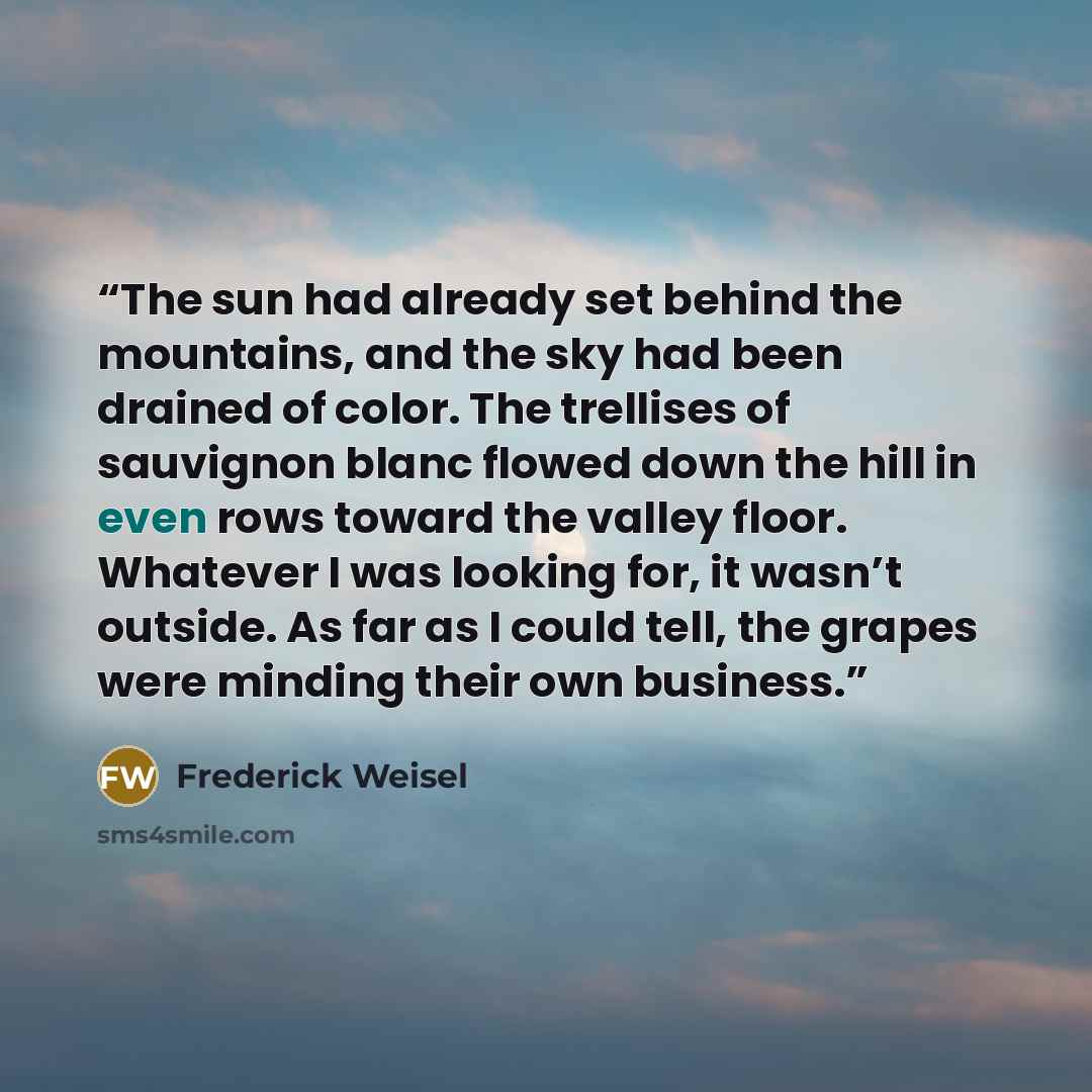 “The sun had already set behind the mountains, and the sky had been drained of color. The trellises of sauvignon blanc flowed down the hill in even rows toward the valley floor. Whatever I was looking for, it wasn’t outside. As far as I could tell, the grapes were minding their own business.” quote by Frederick Weisel
