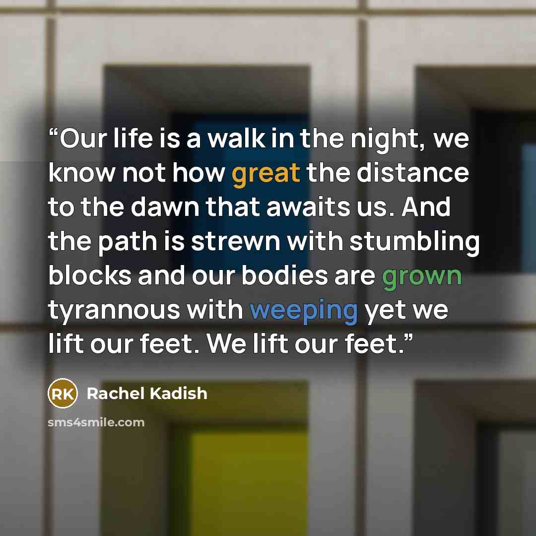 “Our life is a walk in the night, we know not how great the distance to the dawn that awaits us. And the path is strewn with stumbling blocks and our bodies are grown tyrannous with weeping yet we lift our feet. We lift our feet.” quote by Rachel Kadish