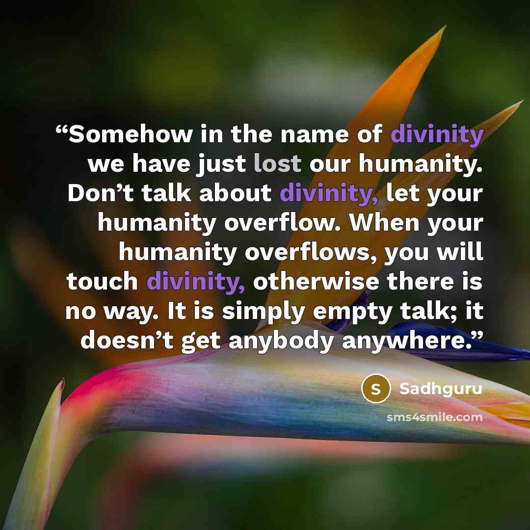 “Somehow in the name of divinity we have just lost our humanity. Don’t talk about divinity, let your humanity overflow. When your humanity overflows, you will touch divinity, otherwise there is no way. It is simply empty talk; it doesn’t get anybody anywhere.” quote by Sadhguru