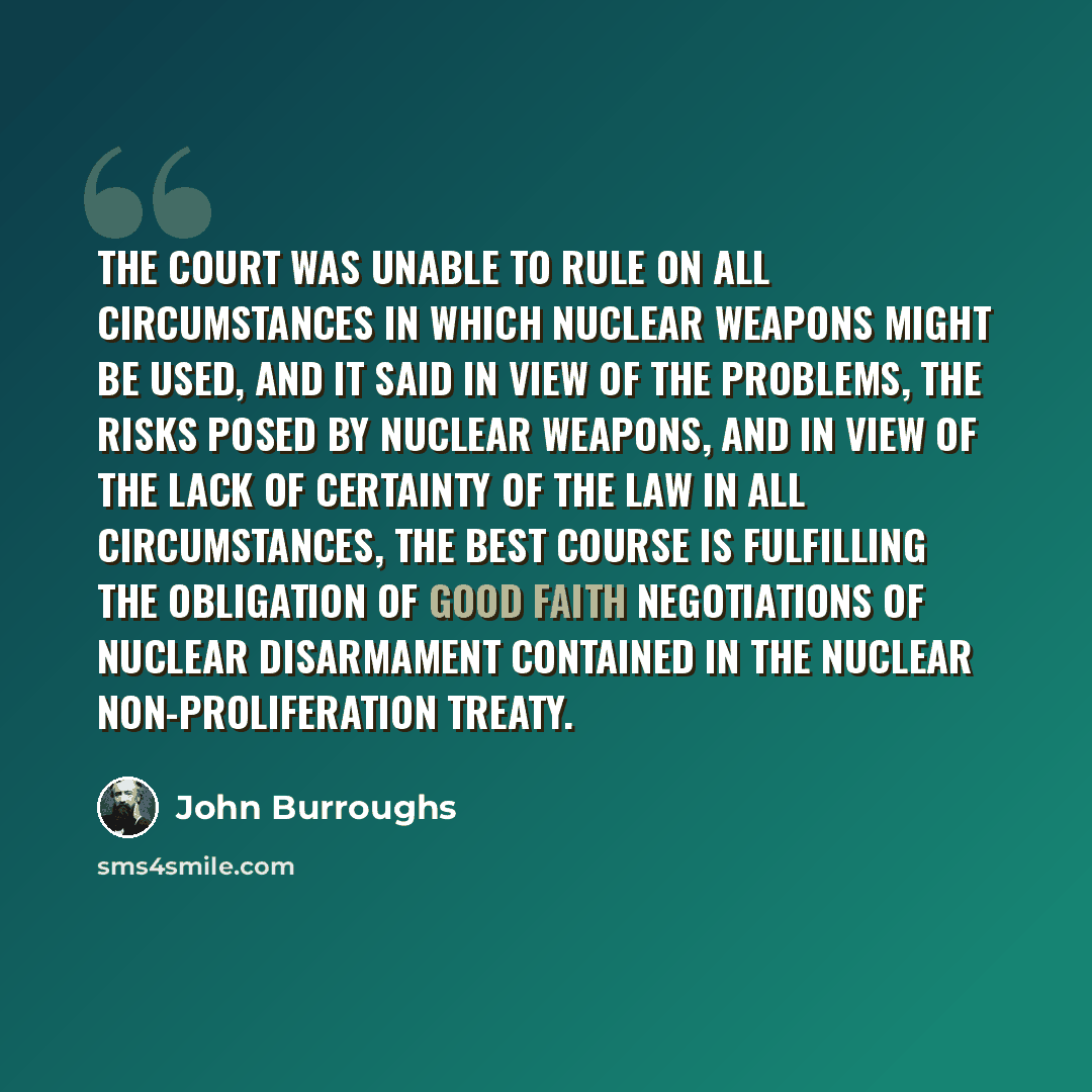 “The court was unable to rule on all circumstances in which nuclear weapons might be used, and it said in view of the problems, the risks posed by nuclear weapons, and in view of the lack of certainty of the law in all circumstances, the best course is fulfilling the obligation of good faith…” quote by John Burroughs