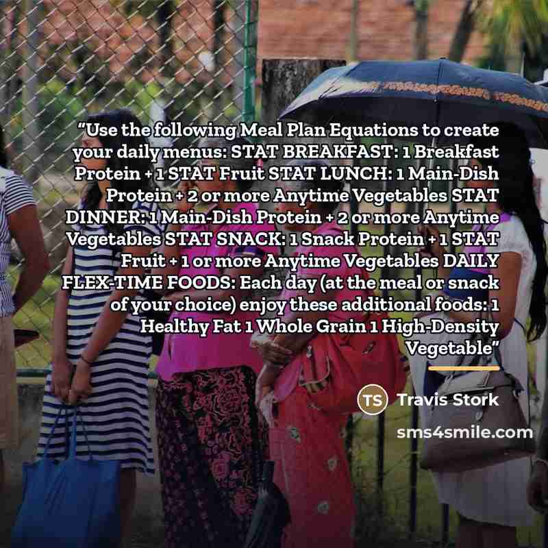 “Use the following Meal Plan Equations to create your daily menus: STAT BREAKFAST: 1 Breakfast Protein + 1 STAT Fruit STAT LUNCH: 1 Main-Dish Protein + 2 or more Anytime Vegetables STAT DINNER: 1 Main-Dish Protein + 2 or more Anytime Vegetables STAT SNACK: 1 Snack Protein + 1 STAT Fruit + 1 or more…” quote by Travis Stork