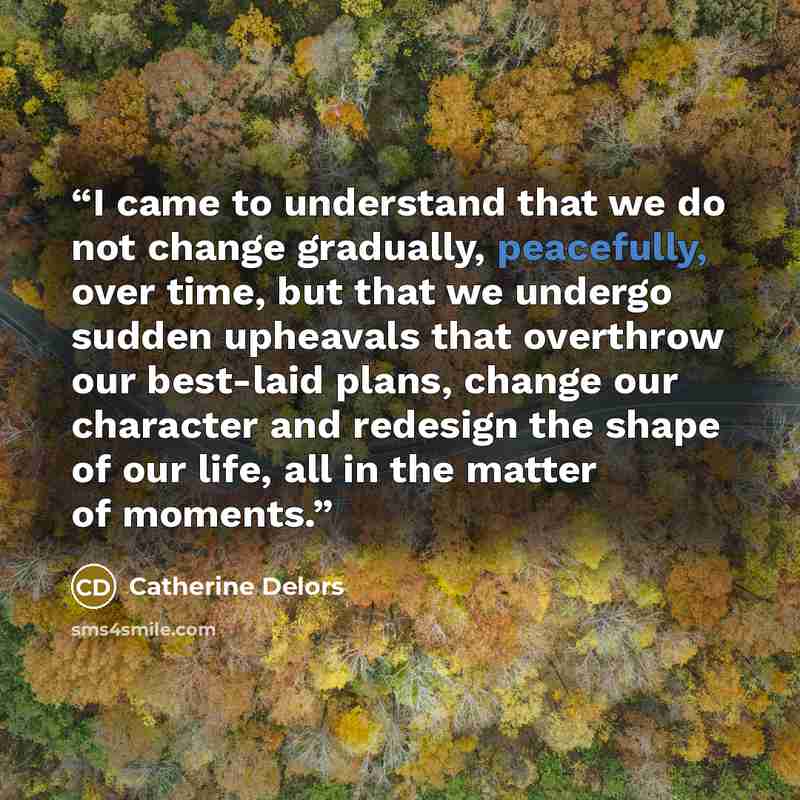 “I came to understand that we do not change gradually, peacefully, over time, but that we undergo sudden upheavals that overthrow our best-laid plans, change our character and redesign the shape of our life, all in the matter of moments.” quote by Catherine Delors