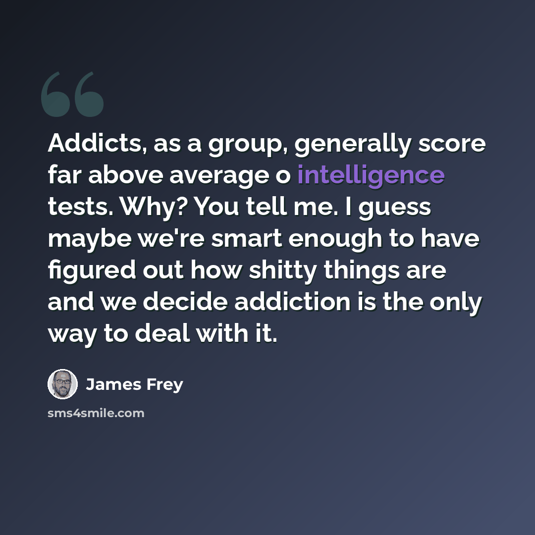 “Addicts, as a group, generally score far above average o intelligence tests. Why? You tell me. I guess maybe we're smart enough to have figured out how shitty things are and we decide addiction is the only way to deal with it.” quote by James Frey