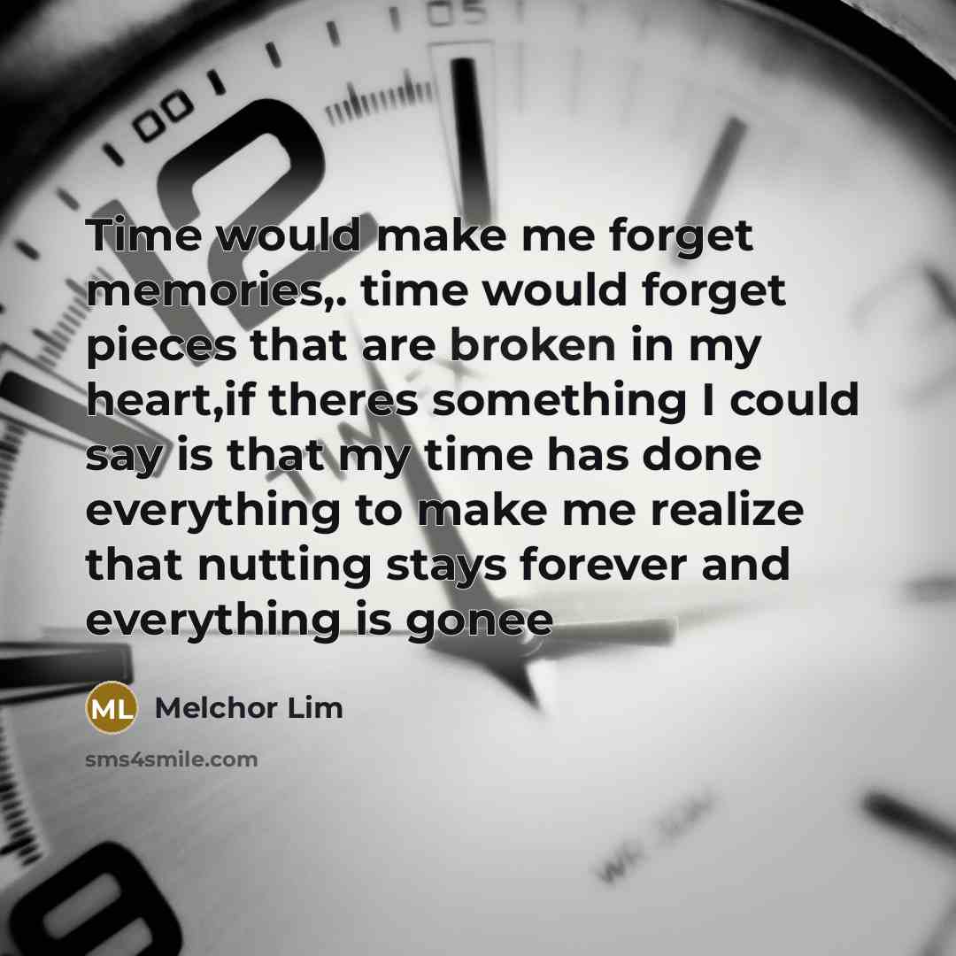 “Time would make me forget memories,. time would forget pieces that are broken in my heart,if theres something I could say is that my time has done everything to make me realize that nutting stays forever and everything is gonee” quote by Melchor Lim