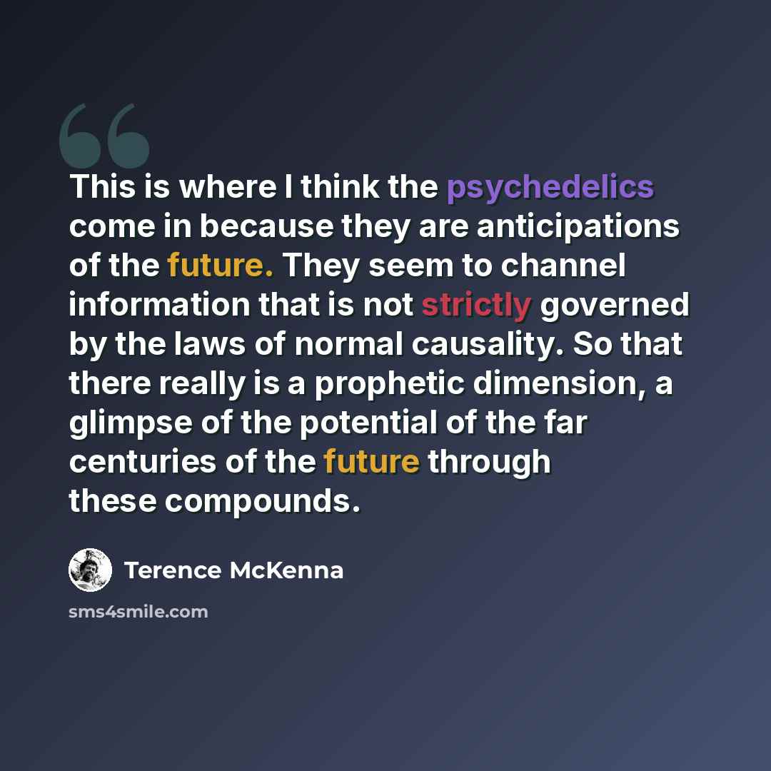 “This is where I think the psychedelics come in because they are anticipations of the future. They seem to channel information that is not strictly governed by the laws of normal causality. So that there really is a prophetic dimension, a glimpse of the potential of the far centuries of the future…” quote by Terence McKenna