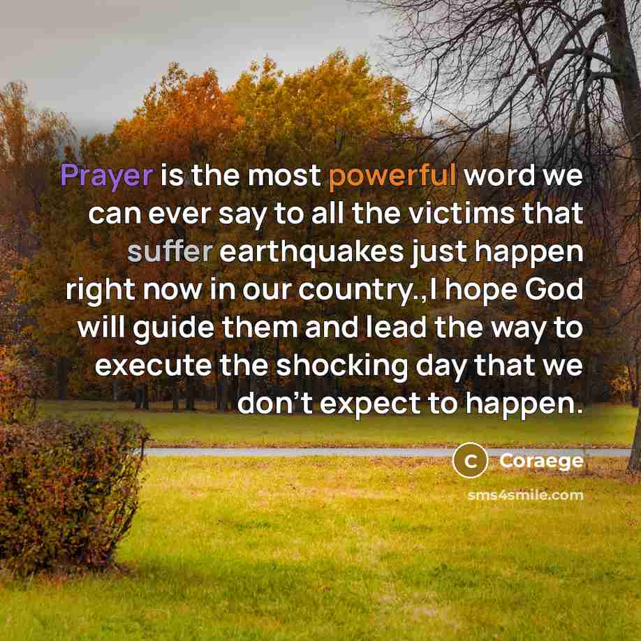 “Prayer is the most powerful word we can ever say to all the victims that suffer earthquakes just happen right now in our country.,I hope God will guide them and lead the way to execute the shocking day that we don't expect to happen.” quote by Coraege