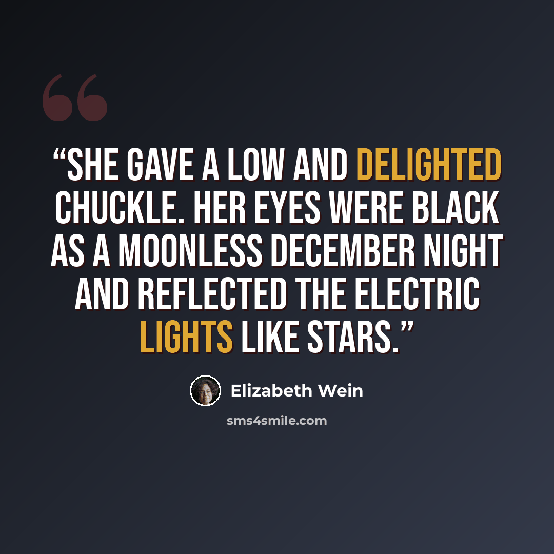 “She gave a low and delighted chuckle. Her eyes were black as a moonless December night and reflected the electric lights like stars.” quote by Elizabeth Wein