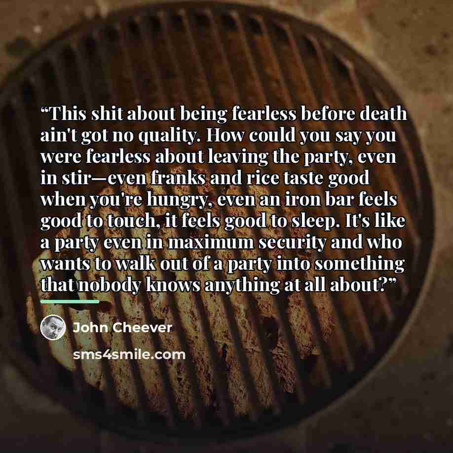 “This shit about being fearless before death ain't got no quality. How could you say you were fearless about leaving the party, even in stir—even franks and rice taste good when you're hungry, even an iron bar feels good to touch, it feels good to sleep. It's like a party even in maximum security…” quote by John Cheever