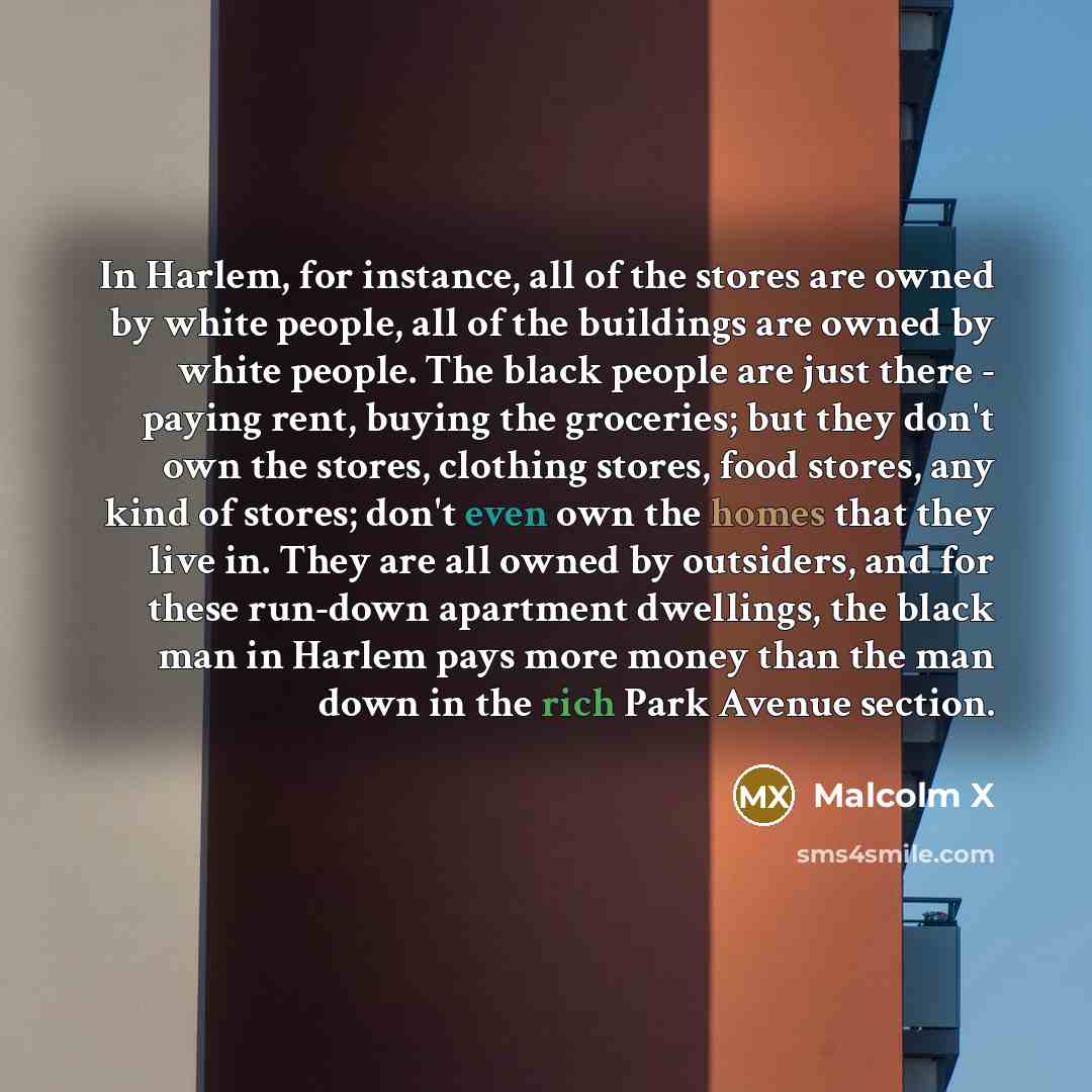 “In Harlem, for instance, all of the stores are owned by white people, all of the buildings are owned by white people. The black people are just there - paying rent, buying the groceries; but they don't own the stores, clothing stores, food stores, any kind of stores; don't even own the homes that…” quote by Malcolm X