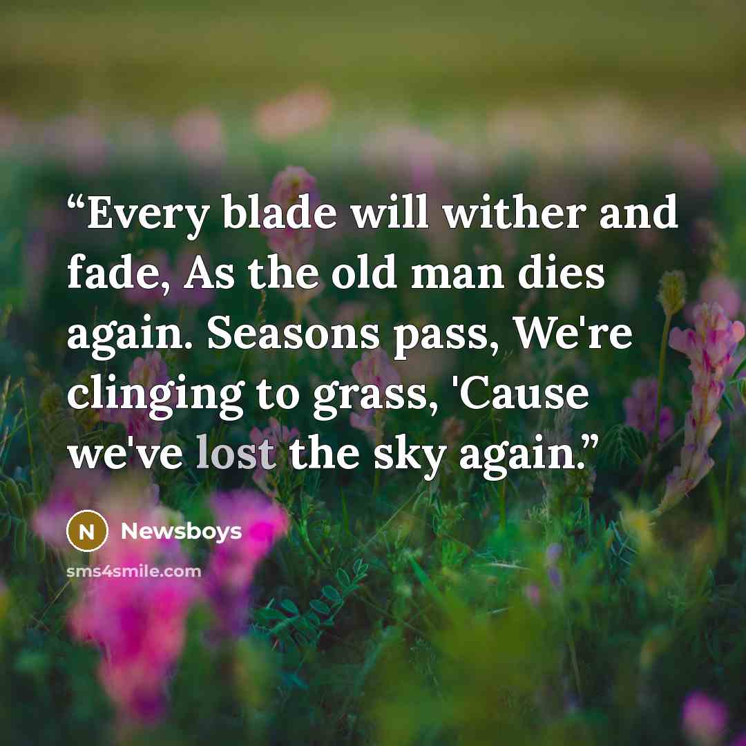 “Every blade will wither and fade, As the old man dies again. Seasons pass, We're clinging to grass, 'Cause we've lost the sky again.” quote by Newsboys