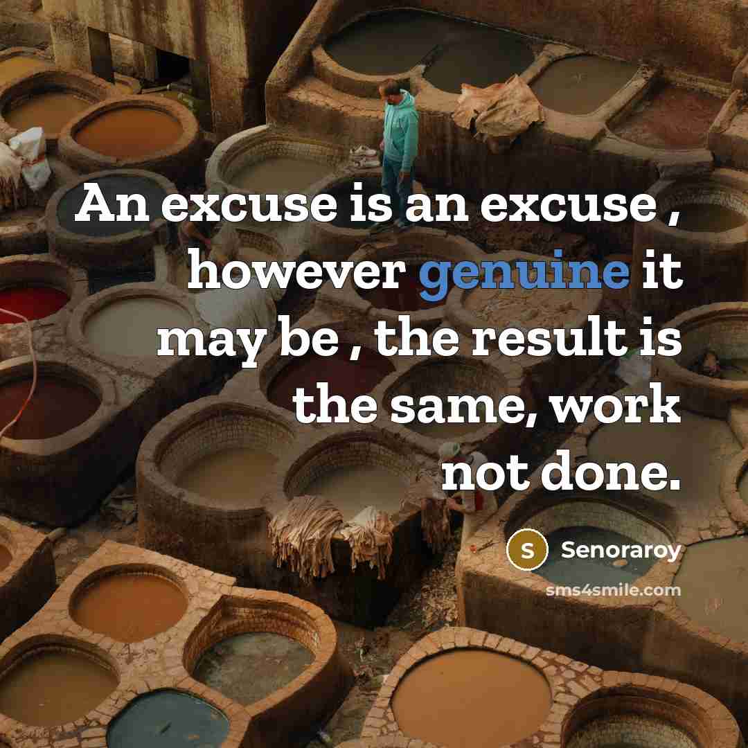 “An excuse is an excuse , however genuine it may be , the result is the same, work not done.” quote by Senoraroy