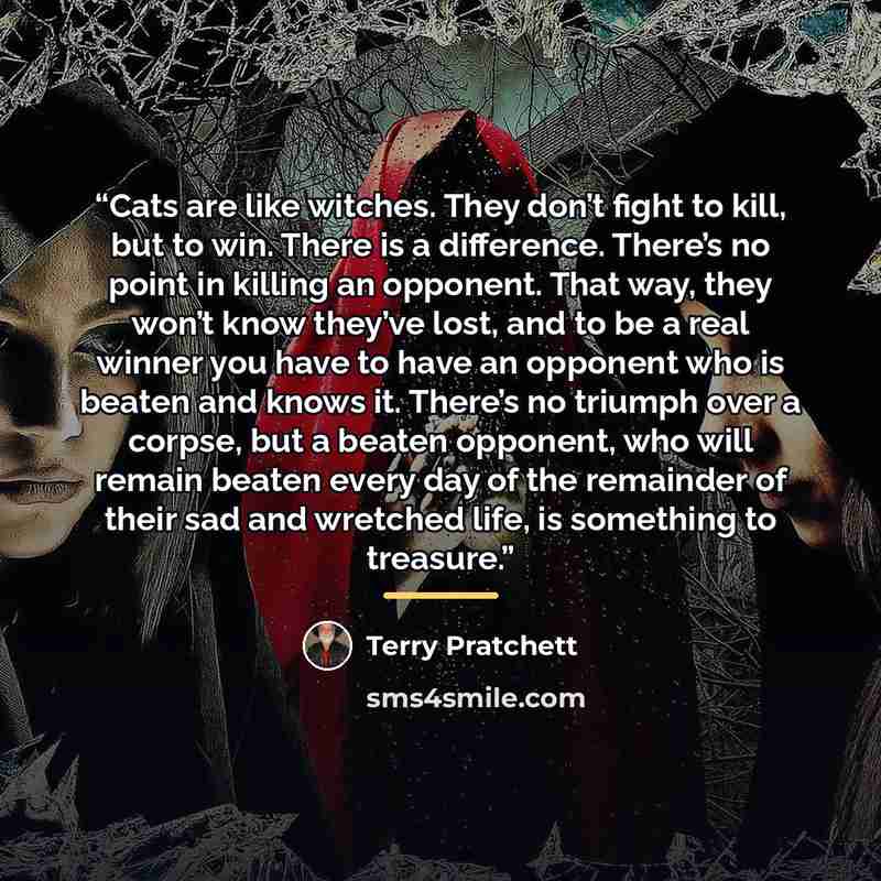 “Cats are like witches. They don’t fight to kill, but to win. There is a difference. There’s no point in killing an opponent. That way, they won’t know they’ve lost, and to be a real winner you have to have an opponent who is beaten and knows it. There’s no triumph over a corpse, but a beaten…” quote by Terry Pratchett