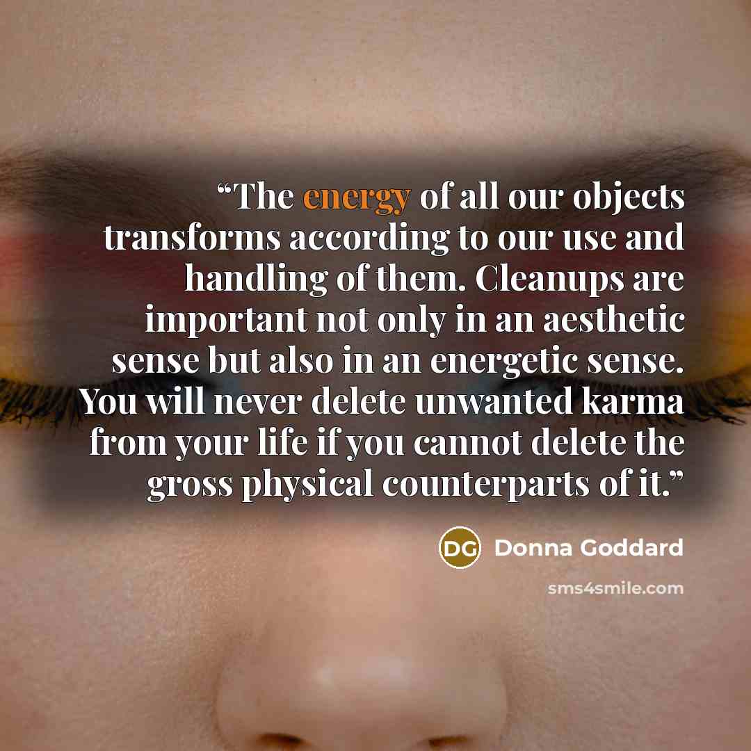 “The energy of all our objects transforms according to our use and handling of them. Cleanups are important not only in an aesthetic sense but also in an energetic sense. You will never delete unwanted karma from your life if you cannot delete the gross physical counterparts of it.” quote by Donna Goddard