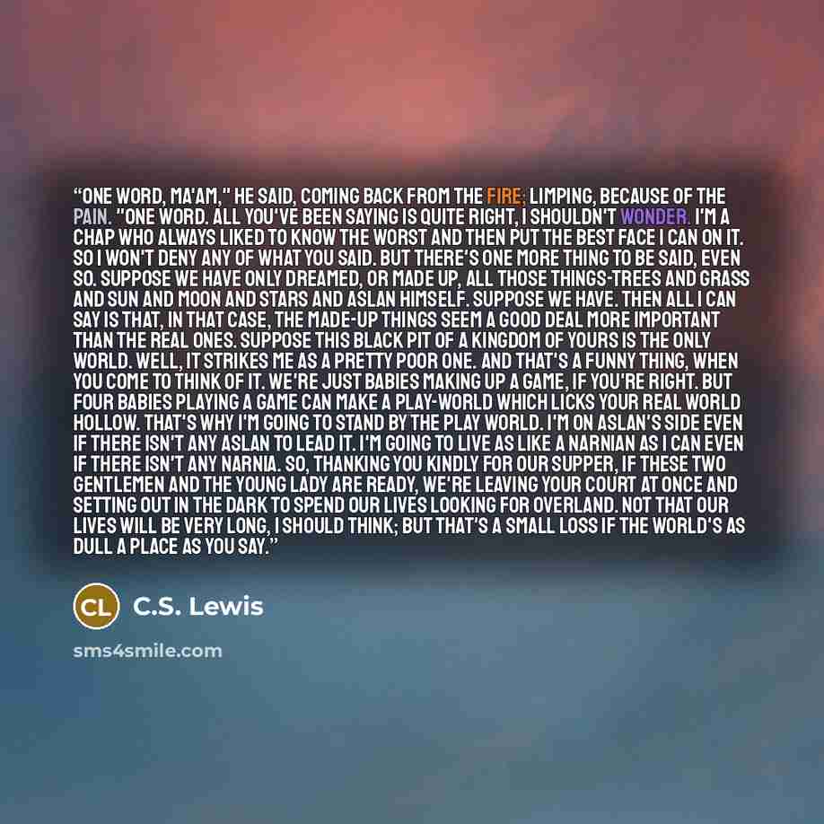 “One word, Ma'am," he said, coming back from the fire; limping, because of the pain. "One word. All you've been saying is quite right, I shouldn't wonder. I'm a chap who always liked to know the worst and then put the best face I can on it. So I won't deny any of what you said. But there's one more…” quote by C.S. Lewis