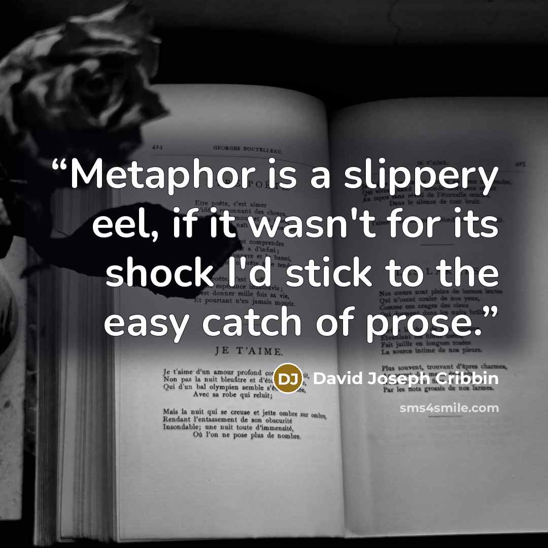 “Metaphor is a slippery eel, if it wasn't for its shock I'd stick to the easy catch of prose.” quote by David Joseph Cribbin