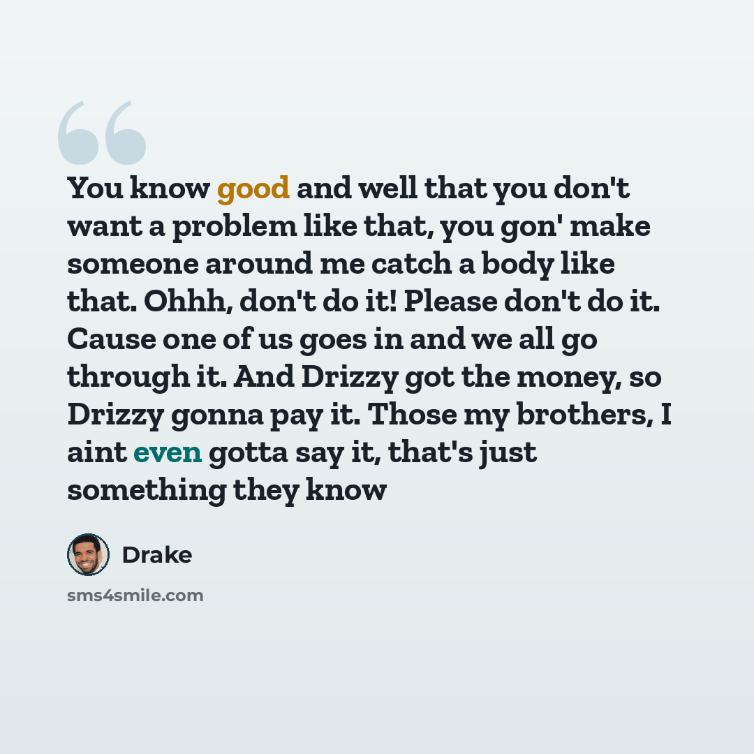 “You know good and well that you don't want a problem like that, you gon' make someone around me catch a body like that. Ohhh, don't do it! Please don't do it. Cause one of us goes in and we all go through it. And Drizzy got the money, so Drizzy gonna pay it. Those my brothers, I aint even gotta…” quote by Drake
