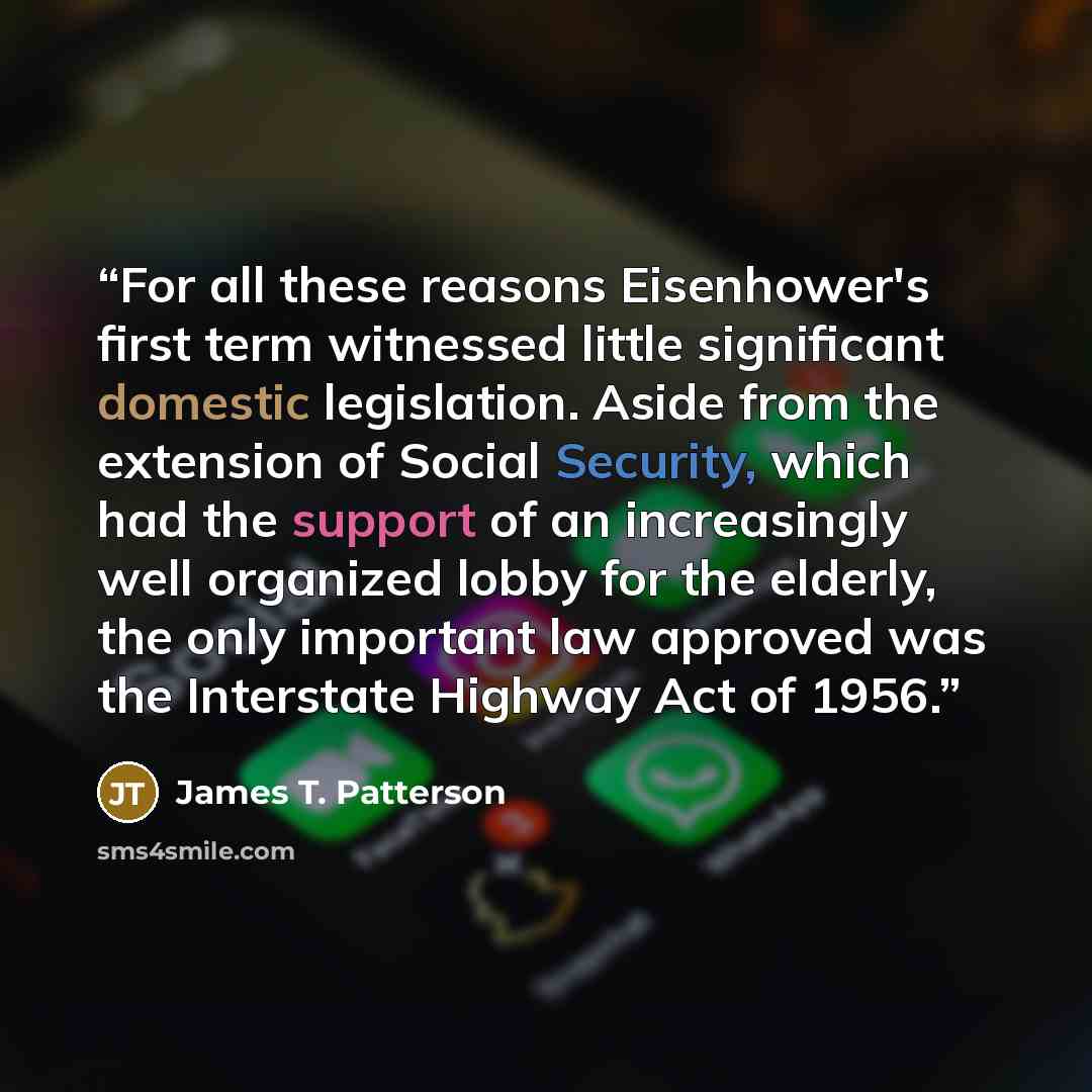 “For all these reasons Eisenhower's first term witnessed little significant domestic legislation. Aside from the extension of Social Security, which had the support of an increasingly well organized lobby for the elderly, the only important law approved was the Interstate Highway Act of 1956.” quote by James T. Patterson