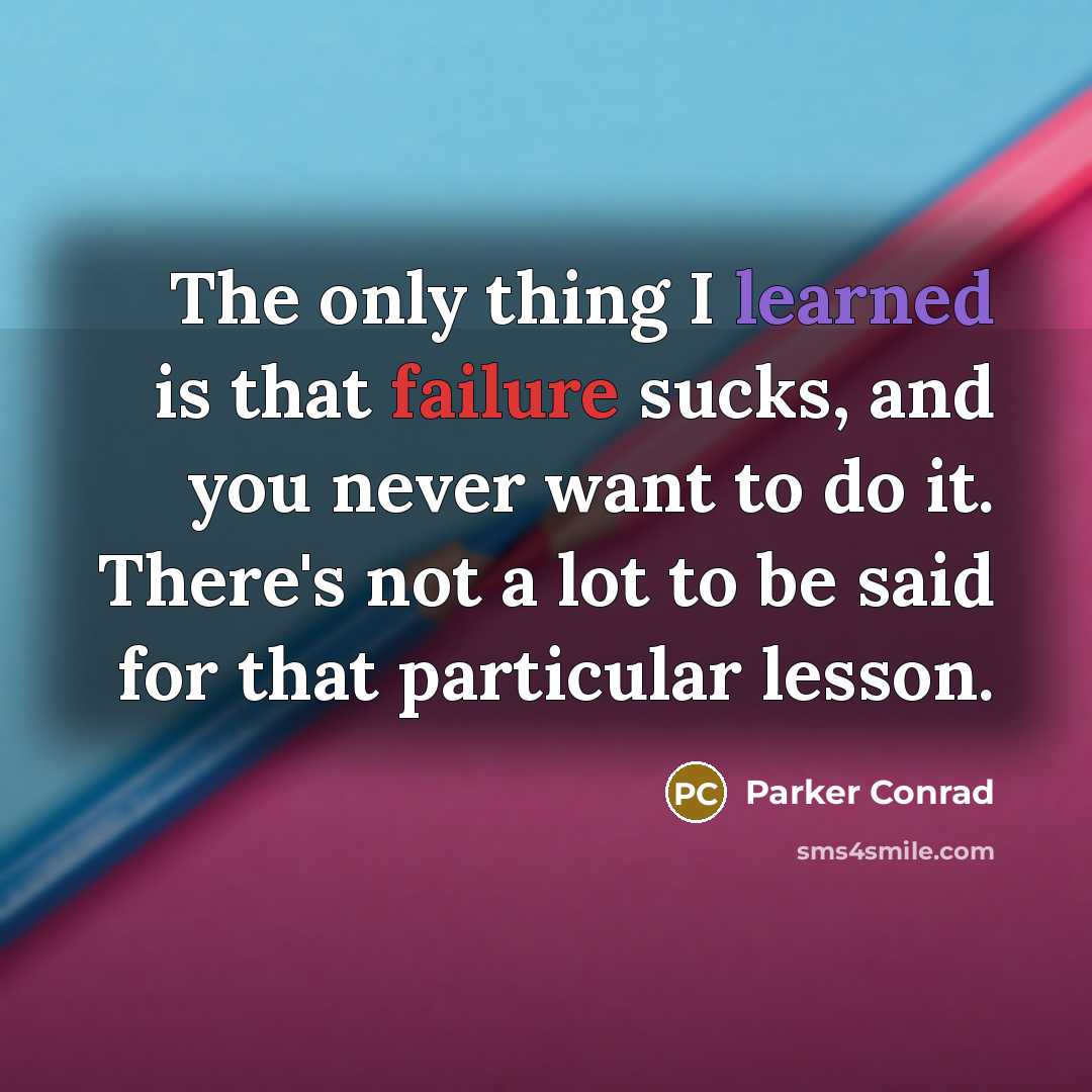 “The only thing I learned is that failure sucks, and you never want to do it. There's not a lot to be said for that particular lesson.” quote by Parker Conrad