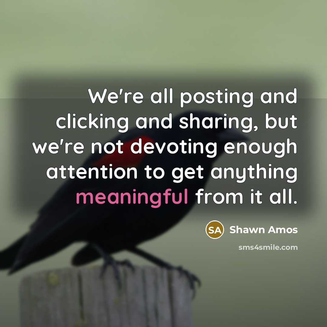 “We're all posting and clicking and sharing, but we're not devoting enough attention to get anything meaningful from it all.” quote by Shawn Amos