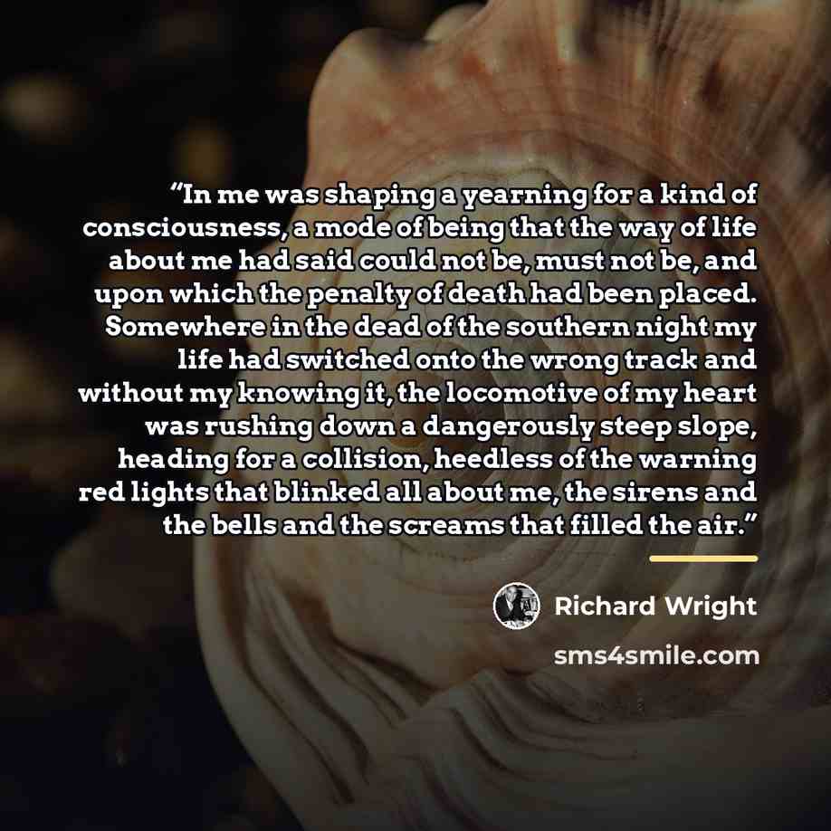 “In me was shaping a yearning for a kind of consciousness, a mode of being that the way of life about me had said could not be, must not be, and upon which the penalty of death had been placed. Somewhere in the dead of the southern night my life had switched onto the wrong track and without my…” quote by Richard Wright