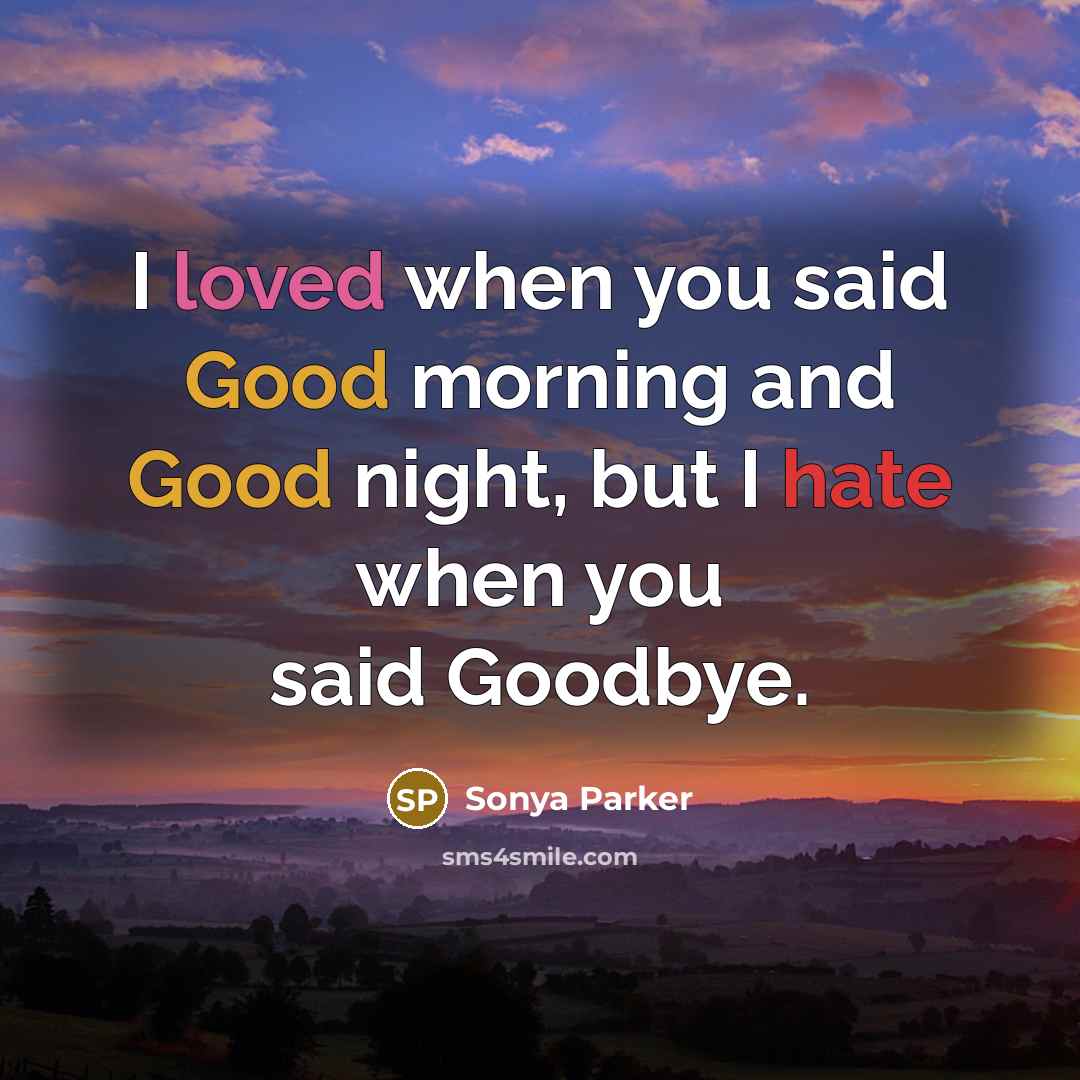 “I loved when you said Good morning and Good night, but I hate when you said Goodbye.” quote by SONYA PARKER