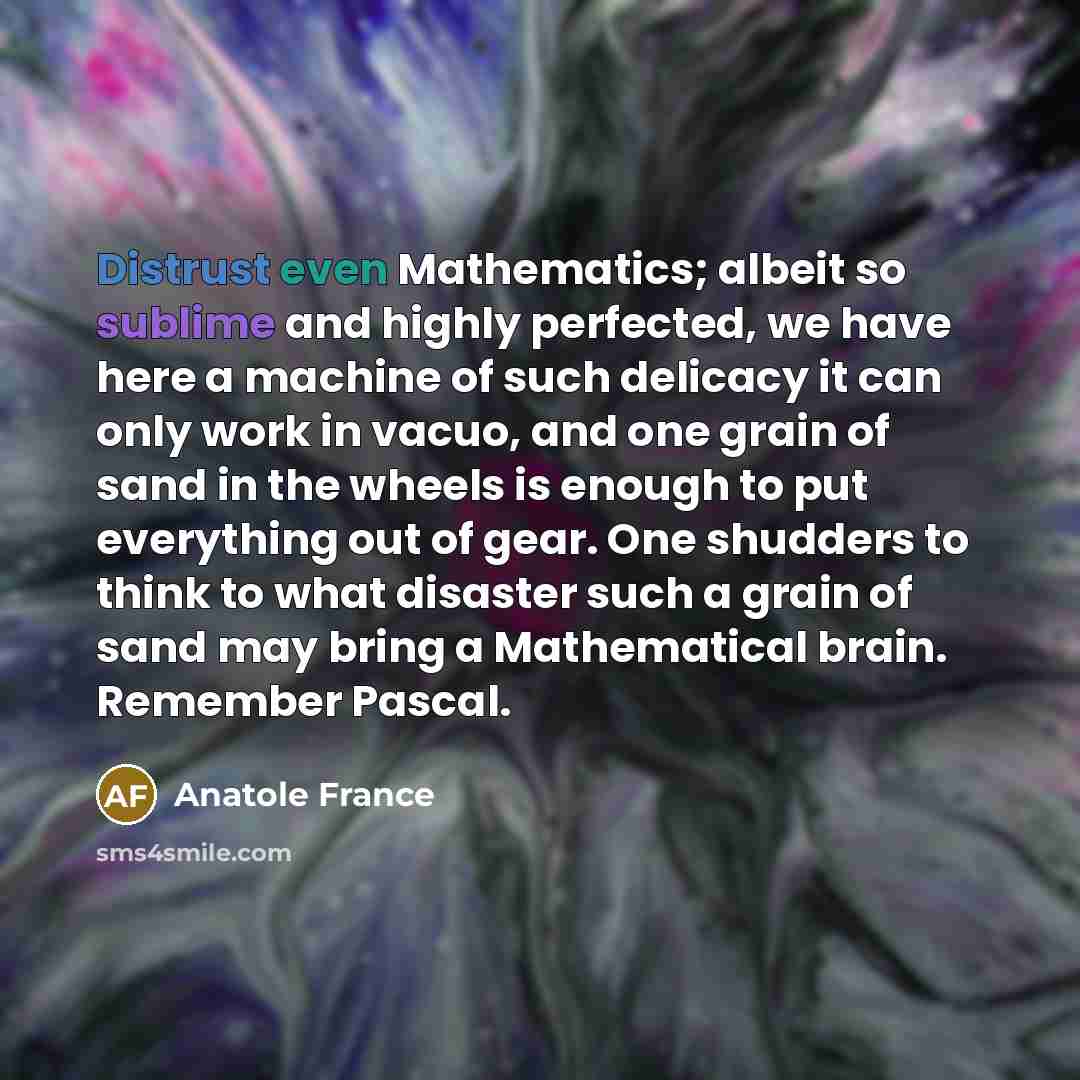 “Distrust even Mathematics; albeit so sublime and highly perfected, we have here a machine of such delicacy it can only work in vacuo, and one grain of sand in the wheels is enough to put everything out of gear. One shudders to think to what disaster such a grain of sand may bring a Mathematical…” quote by Anatole France