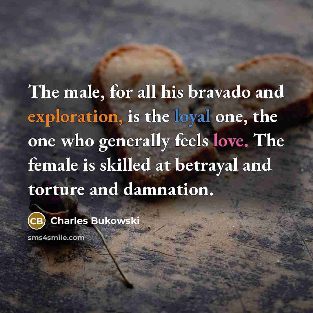“The male, for all his bravado and exploration, is the loyal one, the one who generally feels love. The female is skilled at betrayal and torture and damnation.” quote by Charles Bukowski