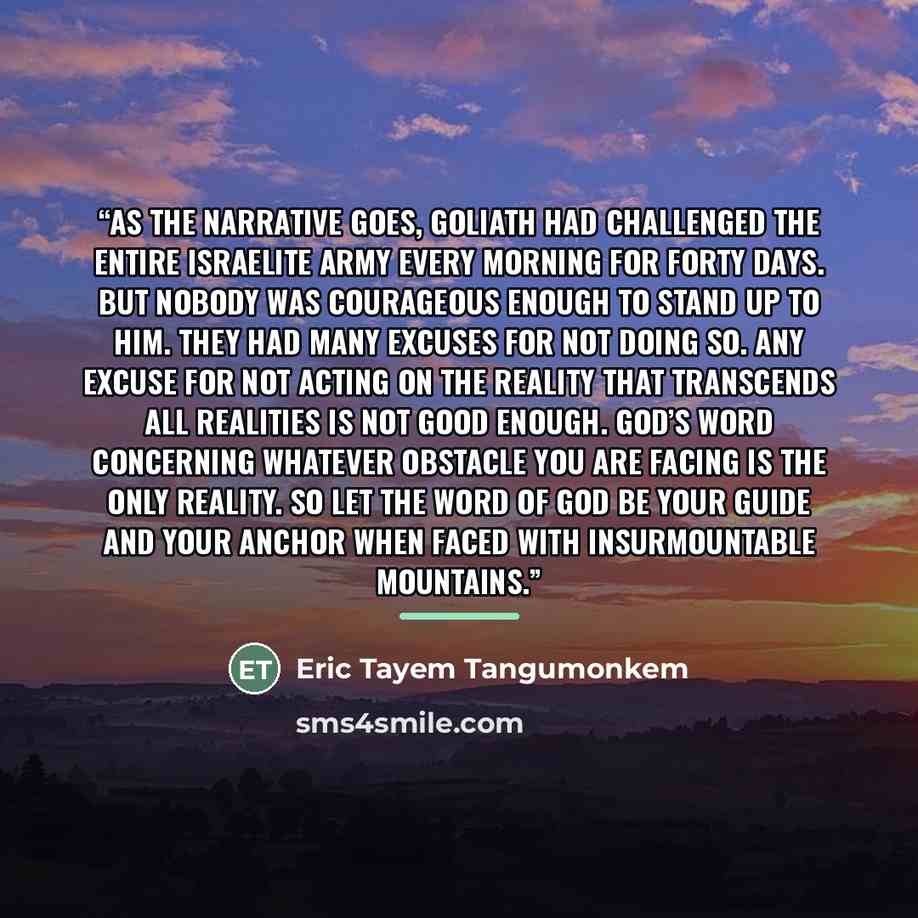 “As the narrative goes, Goliath had challenged the entire Israelite army every morning for forty days. But nobody was courageous enough to stand up to him. They had many excuses for not doing so. Any excuse for not acting on the reality that transcends all realities is not good enough. God’s word…” quote by Eric Tayem Tangumonkem