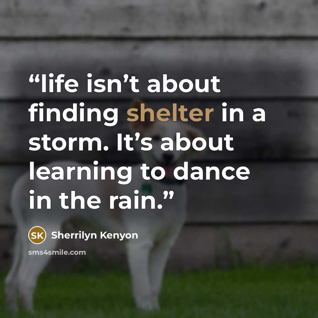 “life isn’t about finding shelter in a storm. It’s about learning to dance in the rain.” quote by Sherrilyn Kenyon