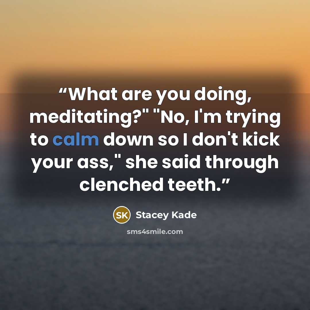 “What are you doing, meditating?" "No, I'm trying to calm down so I don't kick your ass," she said through clenched teeth.” quote by Stacey Kade