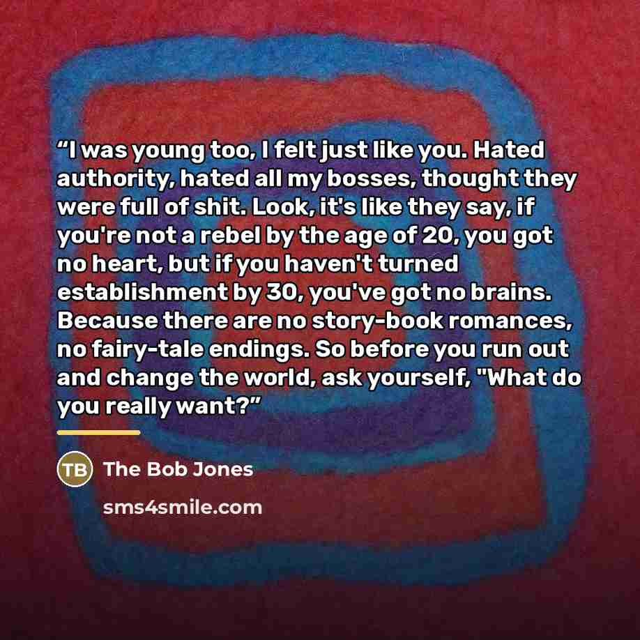 “I was young too, I felt just like you. Hated authority, hated all my bosses, thought they were full of shit. Look, it's like they say, if you're not a rebel by the age of 20, you got no heart, but if you haven't turned establishment by 30, you've got no brains. Because there are no story-book…” quote by Anonymous