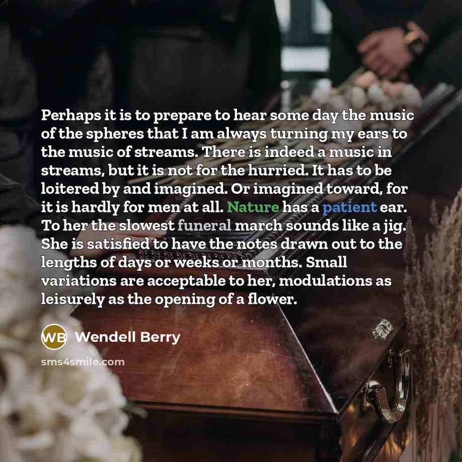 “Perhaps it is to prepare to hear some day the music of the spheres that I am always turning my ears to the music of streams. There is indeed a music in streams, but it is not for the hurried. It has to be loitered by and imagined. Or imagined toward, for it is hardly for men at all. Nature has a…” quote by Wendell Berry