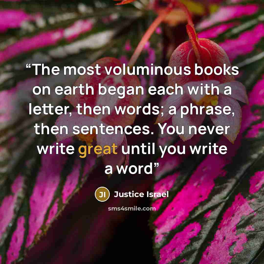 “The most voluminous books on earth began each with a letter, then words; a phrase, then sentences. You never write great until you write a word” quote by Justice Israel