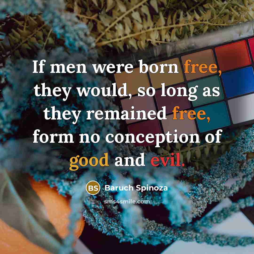 “If men were born free, they would, so long as they remained free, form no conception of good and evil.” quote by Baruch Spinoza