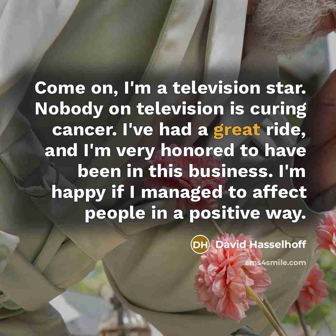 “Come on, I'm a television star. Nobody on television is curing cancer. I've had a great ride, and I'm very honored to have been in this business. I'm happy if I managed to affect people in a positive way.” quote by David Hasselhoff