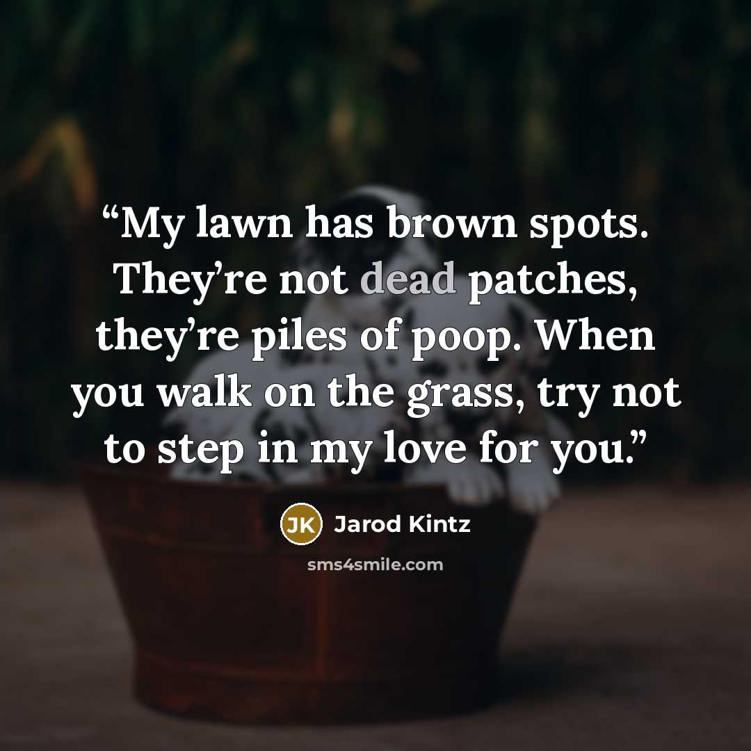 “My lawn has brown spots. They’re not dead patches, they’re piles of poop. When you walk on the grass, try not to step in my love for you.” quote by Jarod Kintz