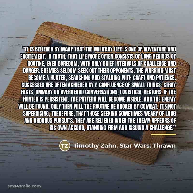 “It is believed by many that the military life is one of adventure and excitement. In truth, that life more often consists of long periods of routine, even boredom, with only brief intervals of challenge and danger. Enemies seldom seek out their opponents. The warrior must become a hunter…” quote by Timothy Zahn, Star Wars: Thrawn