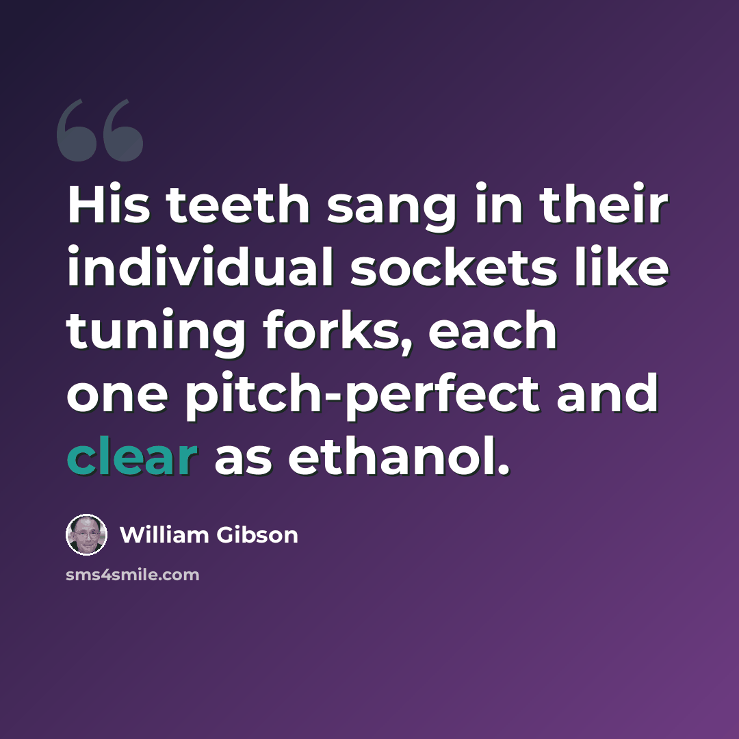 “His teeth sang in their individual sockets like tuning forks, each one pitch-perfect and clear as ethanol.” quote by William Gibson