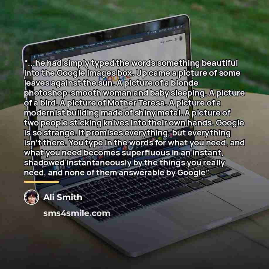 “...he had simply typed the words something beautiful into the Google images box. Up came a picture of some leaves against the sun. A picture of a blonde photoshop-smooth woman and baby sleeping. A picture of a bird. A picture of Mother Teresa. A picture of a modernist building made of shiny metal…” quote by Ali Smith