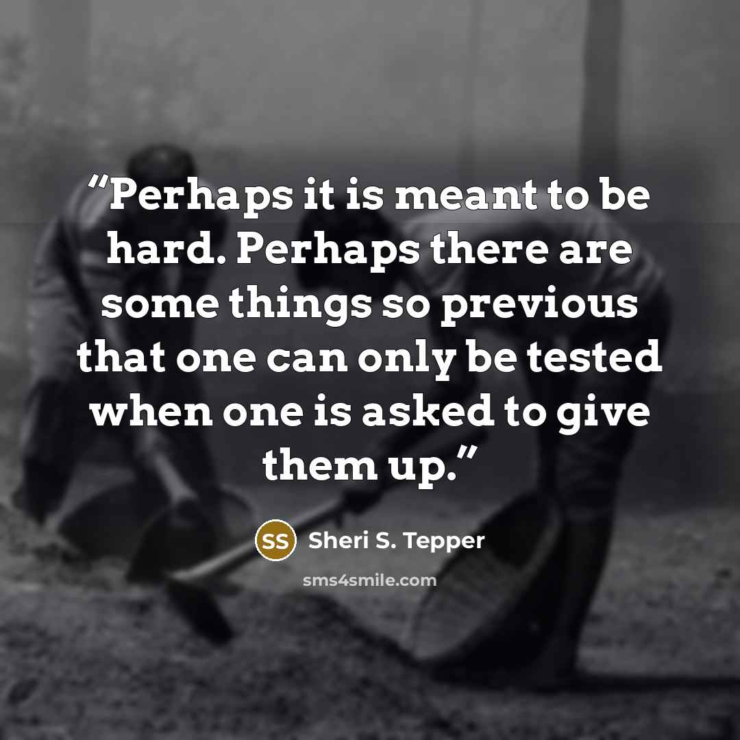 “Perhaps it is meant to be hard. Perhaps there are some things so previous that one can only be tested when one is asked to give them up.” quote by Sheri S. Tepper