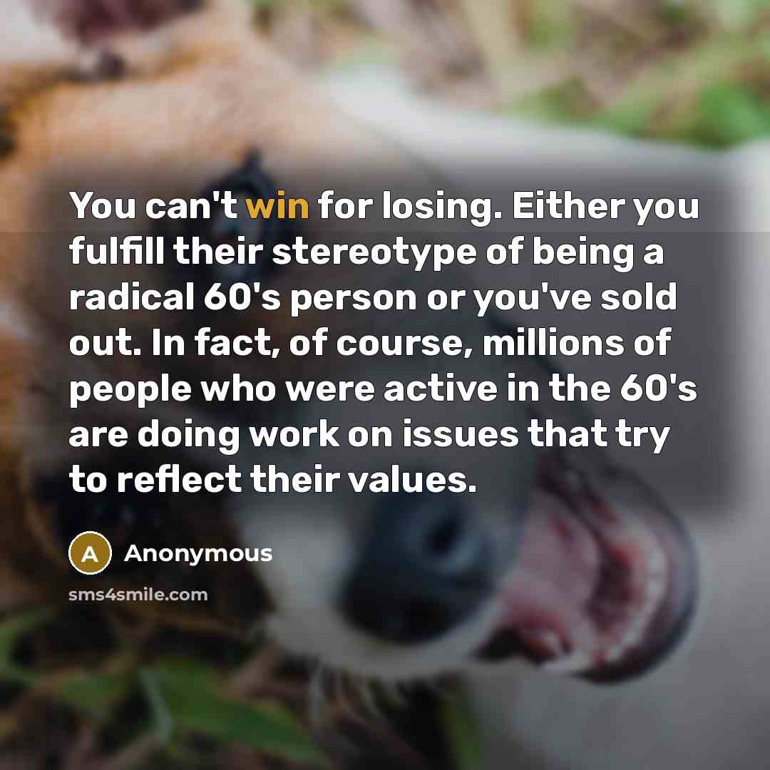 “You can't win for losing. Either you fulfill their stereotype of being a radical 60's person or you've sold out. In fact, of course, millions of people who were active in the 60's are doing work on issues that try to reflect their values.” quote by Anonymous