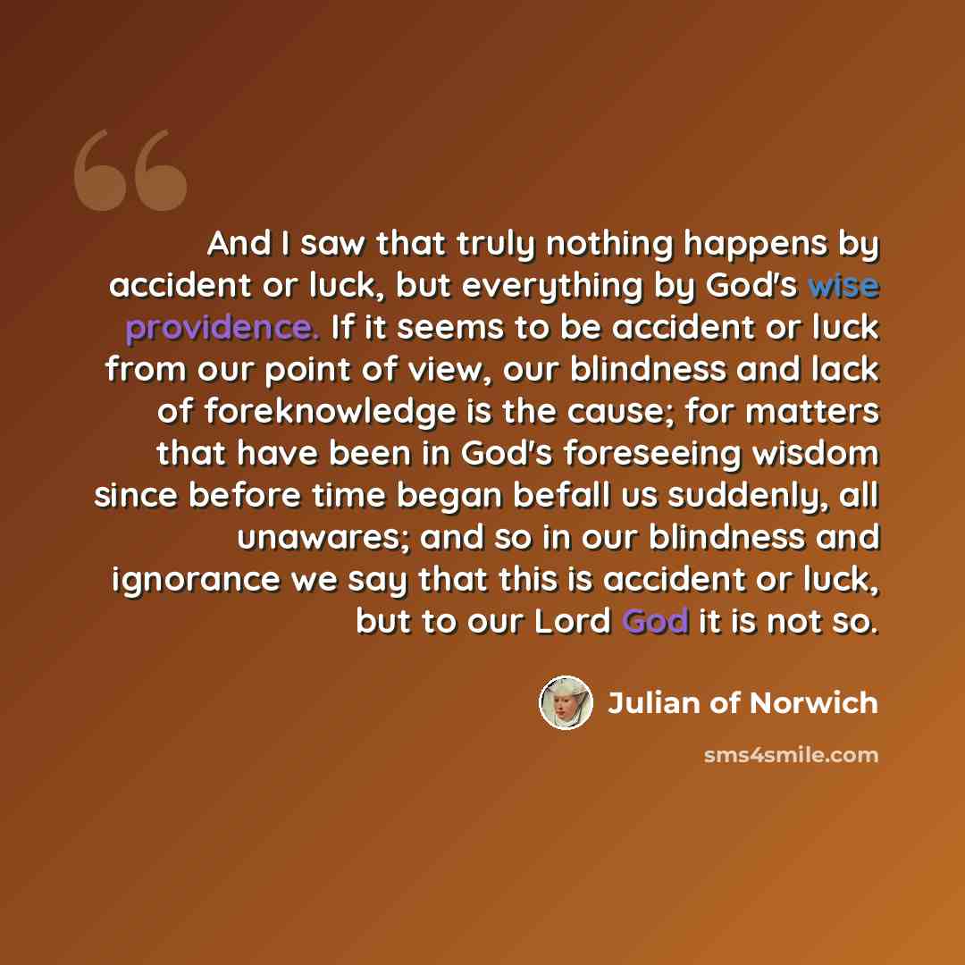 “And I saw that truly nothing happens by accident or luck, but everything by God's wise providence. If it seems to be accident or luck from our point of view, our blindness and lack of foreknowledge is the cause; for matters that have been in God's foreseeing wisdom since before time began befall…” quote by Julian of Norwich